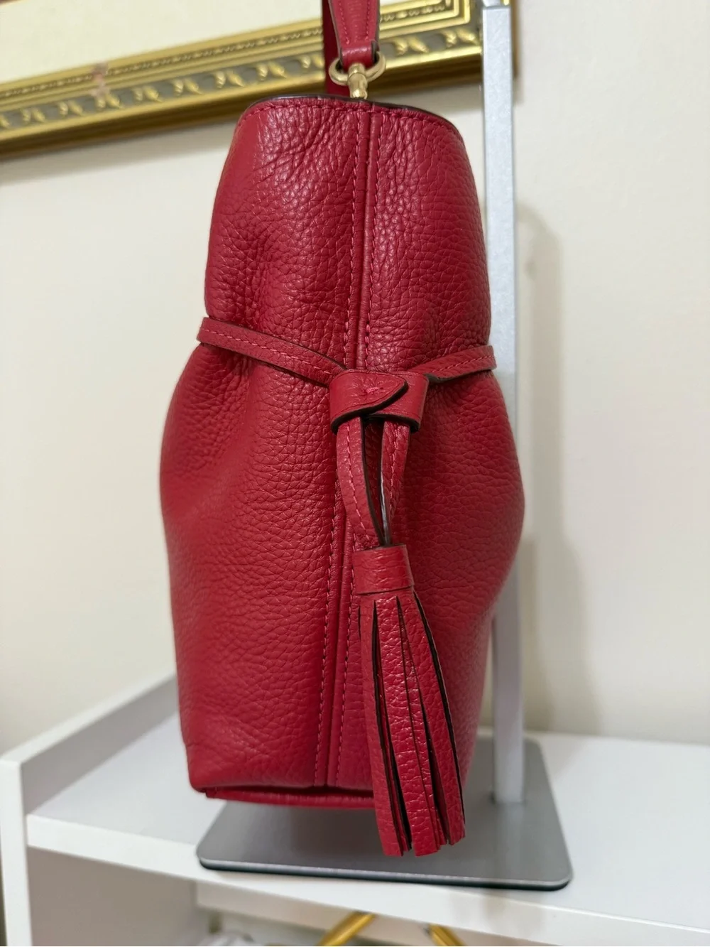 COACH Red Apple Pebbled Leather Hobo with Gold Chain Accent